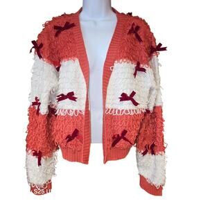 Mighty Fine Fuzzy Knit Open Front Cardigan Polyester Red White Vintage sz 2XL